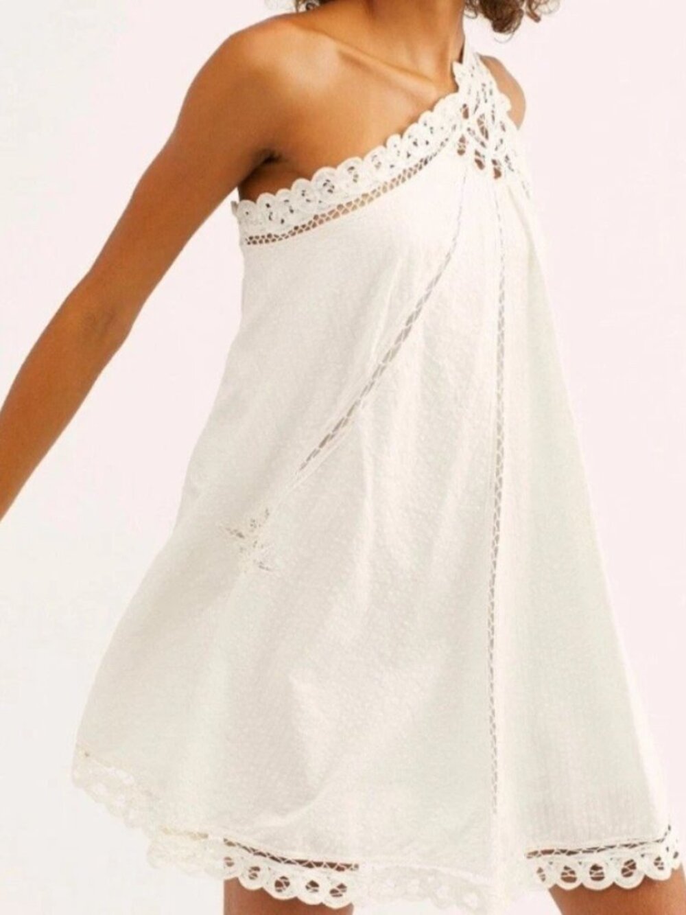 Free People Billie Battenburg One Shoulder Dress Women's Large Ivory 100% Cotton